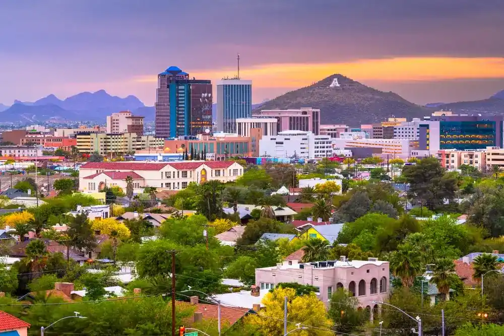 Tucson, Arizona downtown city skyline at twilight.