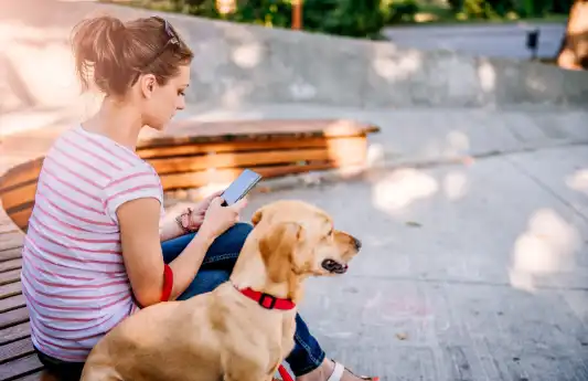 A woman and her dog sit on a bench while she checks her phone.