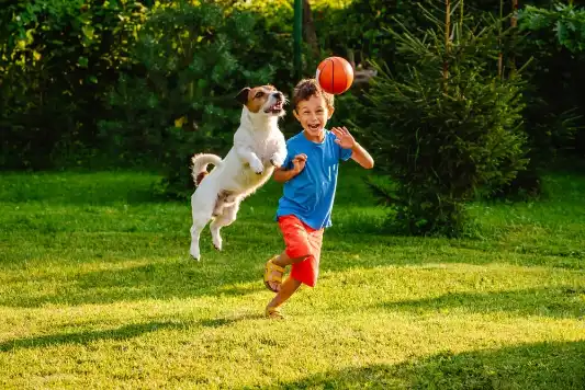 kid playing in the yard with his dog