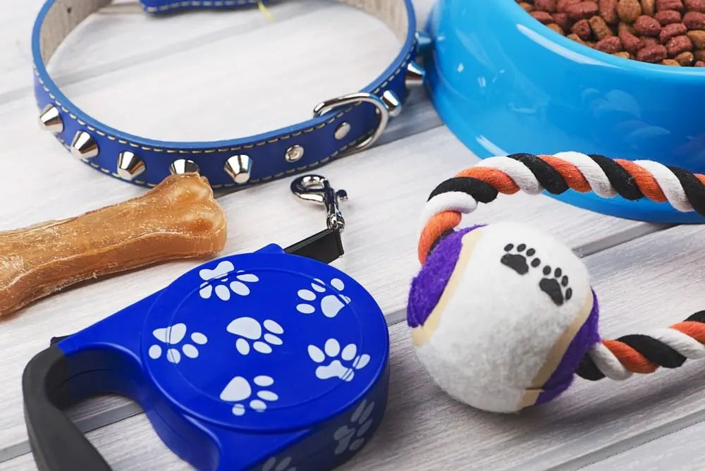 A collection of brightly-colored dog toys and a bowl of kibble.