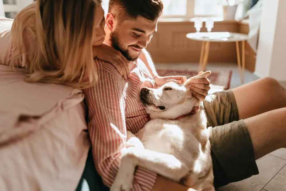 A couple sit on the floor cuddling their light-colored dog.