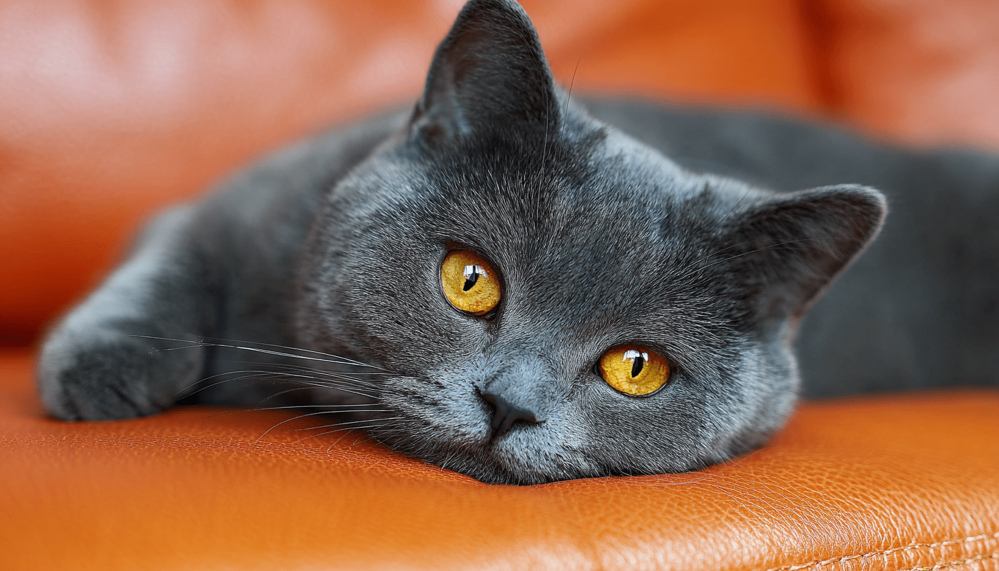 Gray Chartreux cat lying on an orange couch