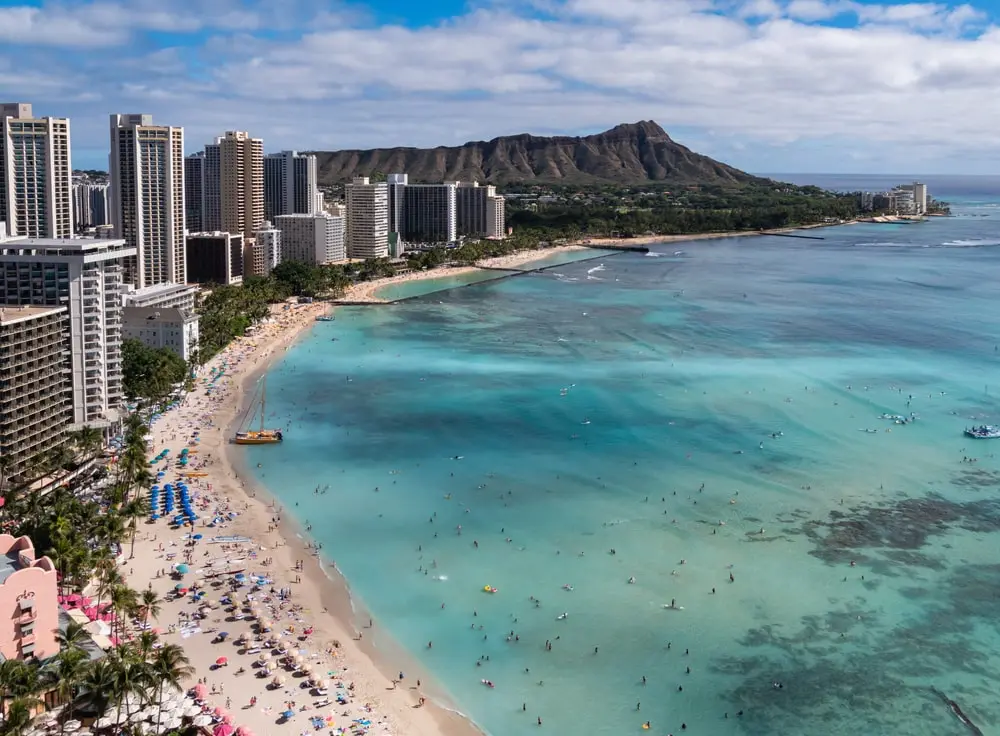 Looking down from above the ocean toward Waikiki Beach, Hawaii.