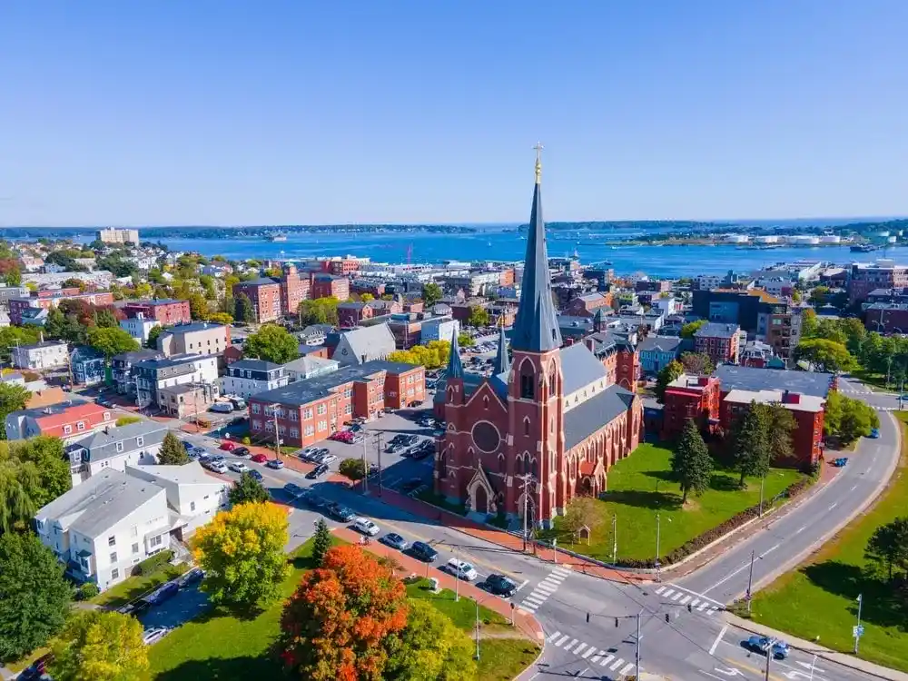 Aerial view of Portland Cathedral of Immaculate Conception in downtown Portland, Maine.