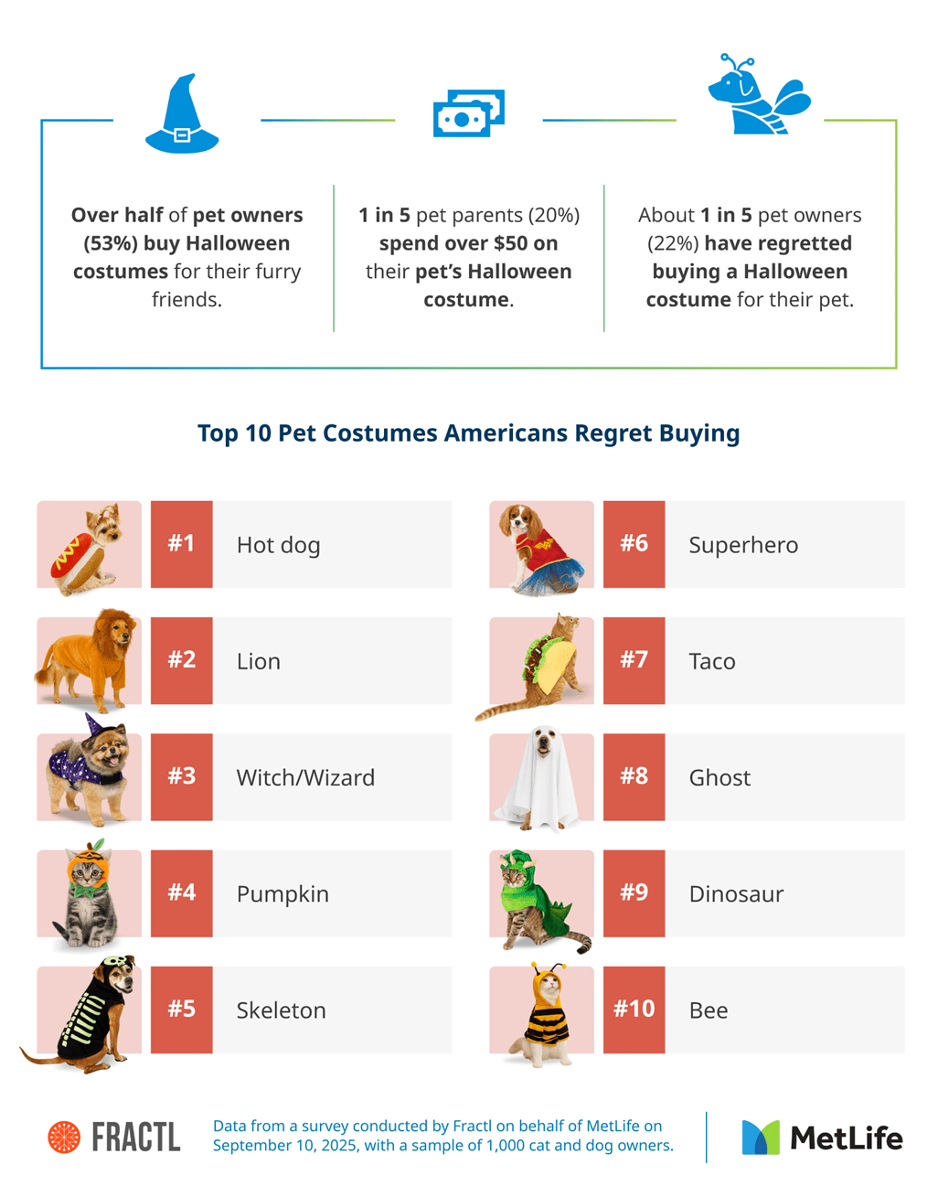 Infographic showing the top 10 pet costumes Americans regret buying, with hot dog, lion, and witch/wizard at the top.