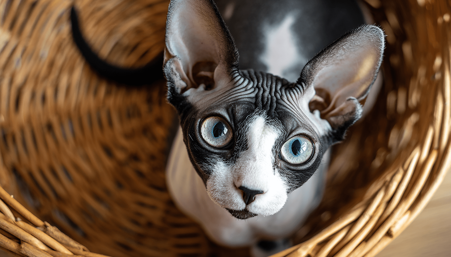 Sphynx cat with large ears sitting inside a woven basket.