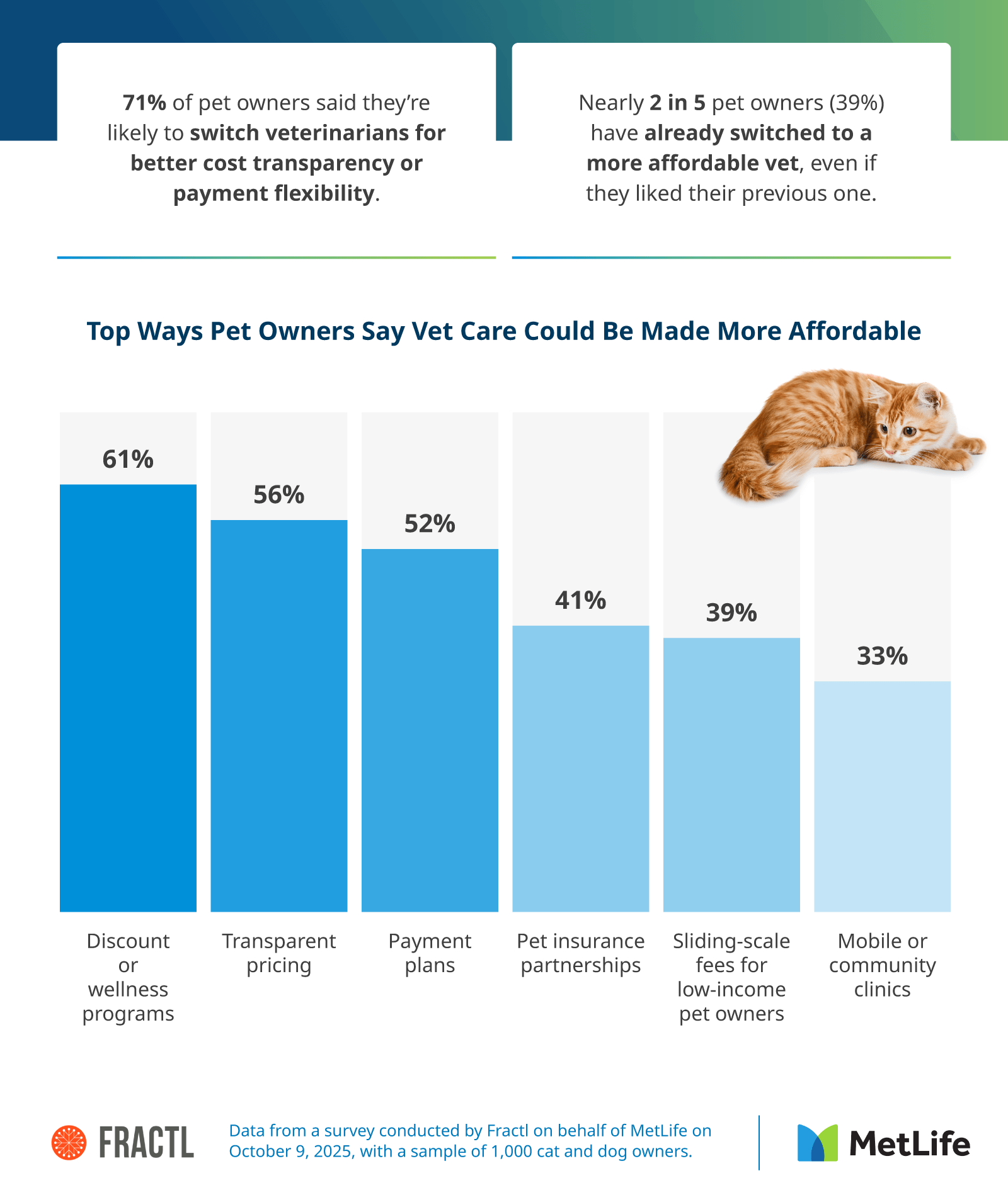 Infographic highlighting how pet owners say vet care could be made more affordable, including discounts, transparent pricing, and payment plans.