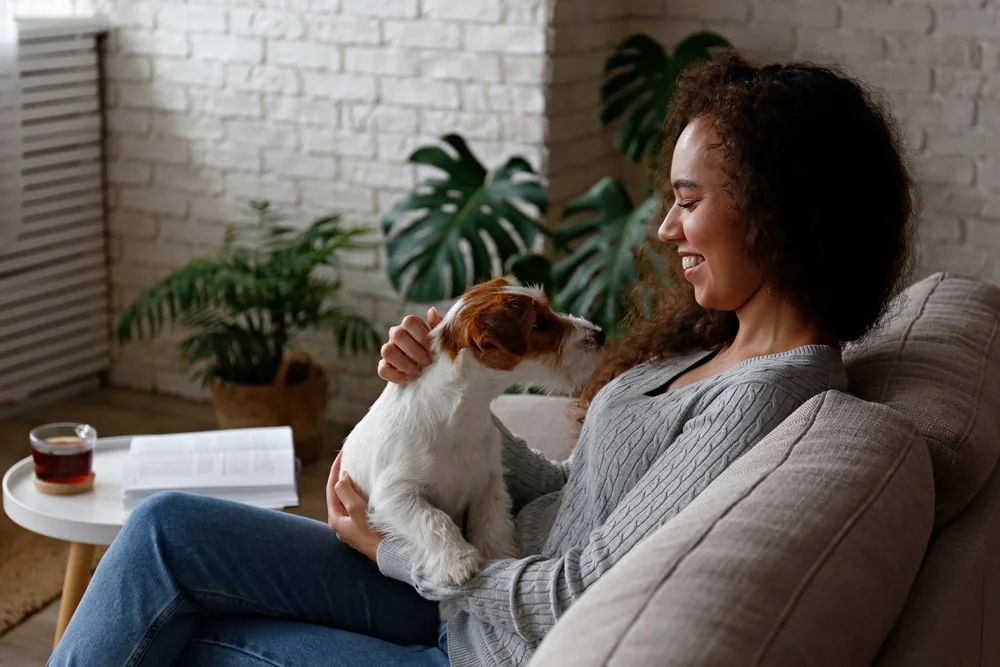 A woman with dark curly hair holds her terrier. 