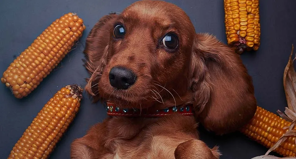 Brown puppy dog laying among corn on the cob.