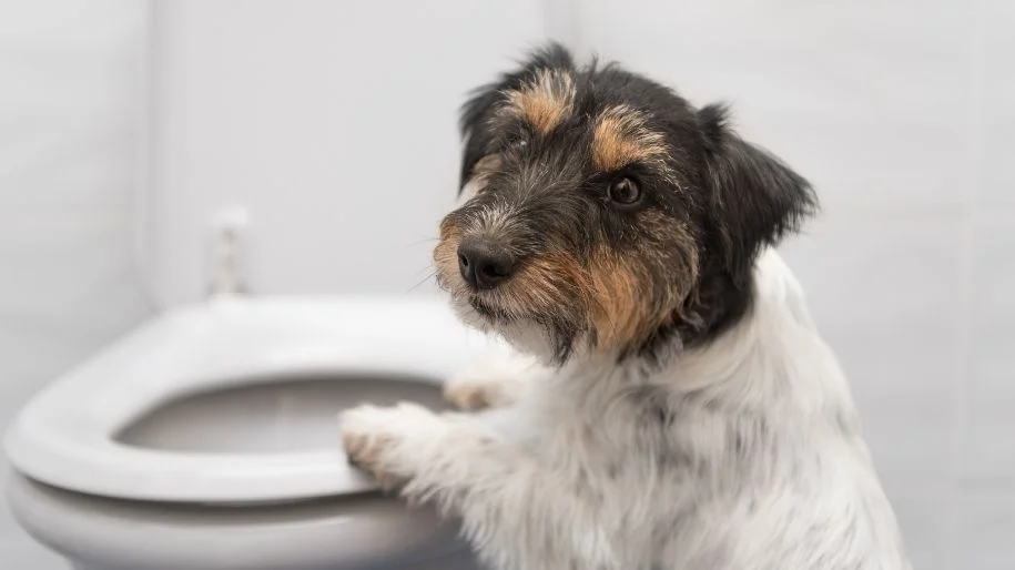 A wire-haired Jack Russell terrier stands with their paws on a toilet seat looking back at the camera.