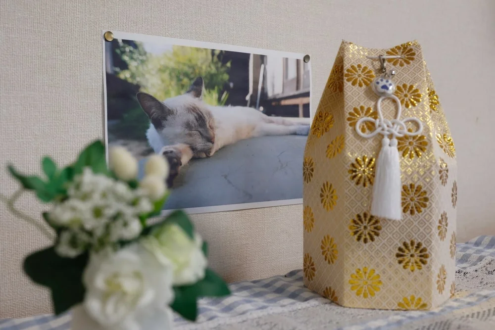 A picture of a sleeping Siamese cat on a wall behind an urn and a boquet of white flowers.