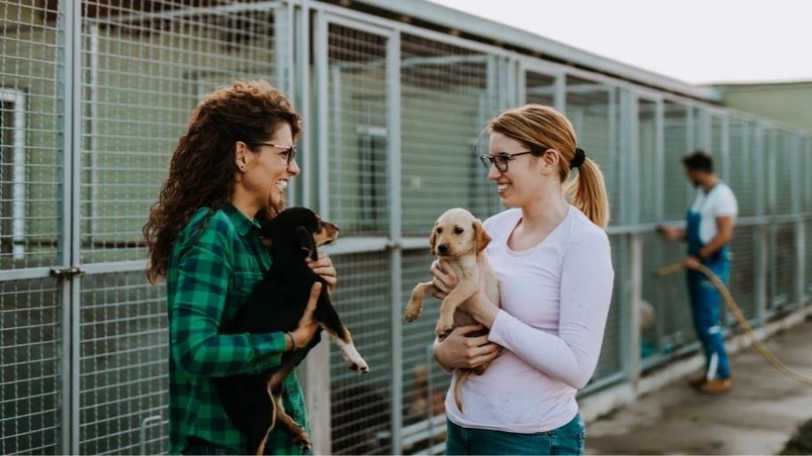 Two people hold puppies at a rescue shelter.