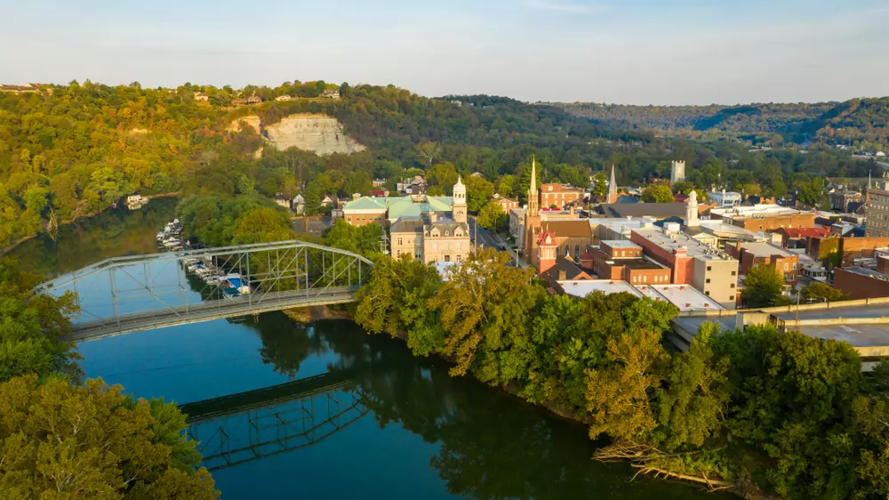 An aerial view of the Kentucky River alongside downtown Frankfort, Kentucky.