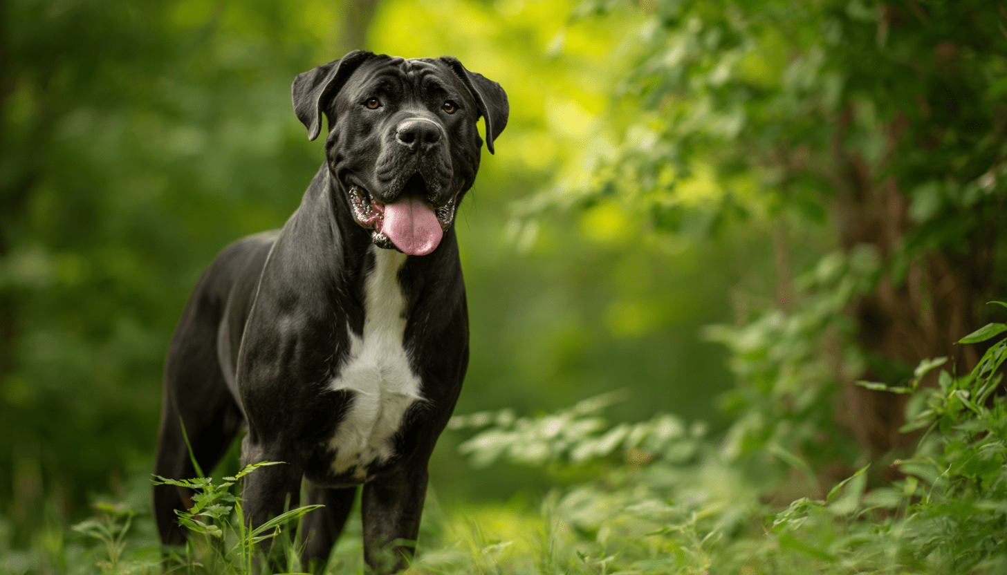 Black Cane Corso dog standing on a forest path.