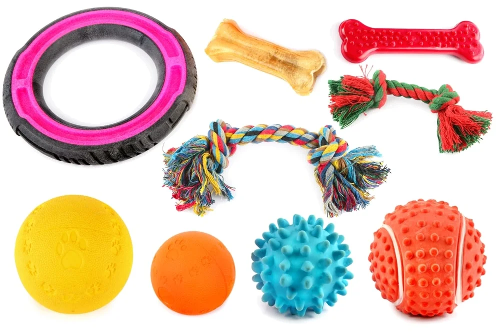 An assortment of colorful durable dog toys