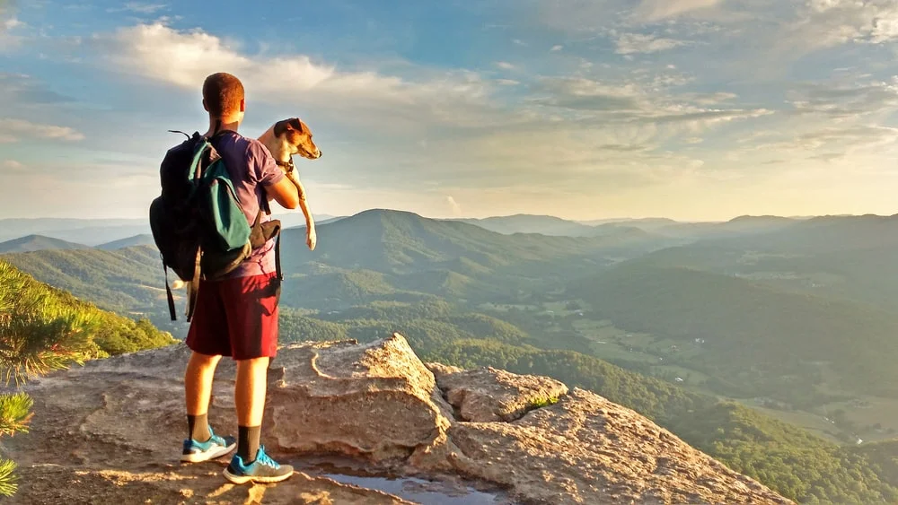 Man holding dog on a mountain