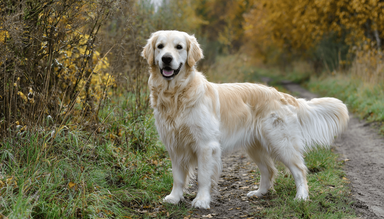 Golden Retriever standing on a trail surrounded by fall foliage