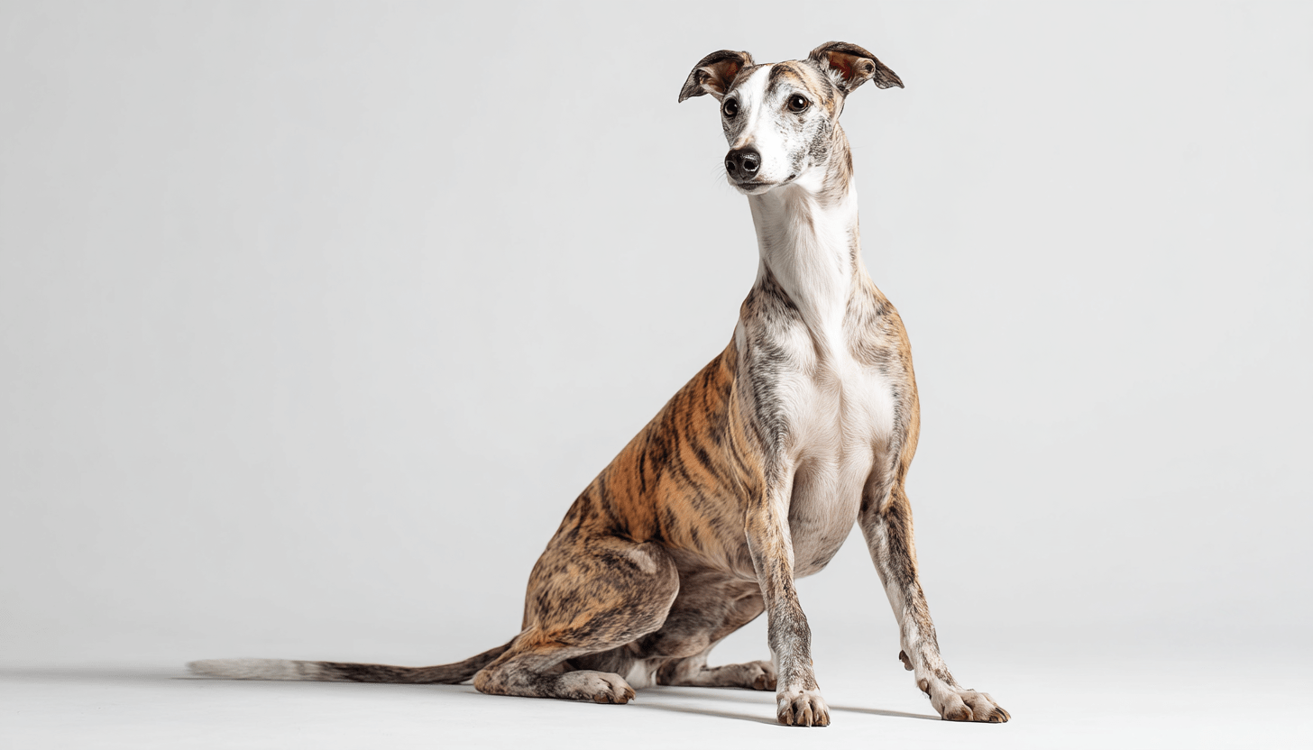 Greyhound sitting and looking upward against a white background.