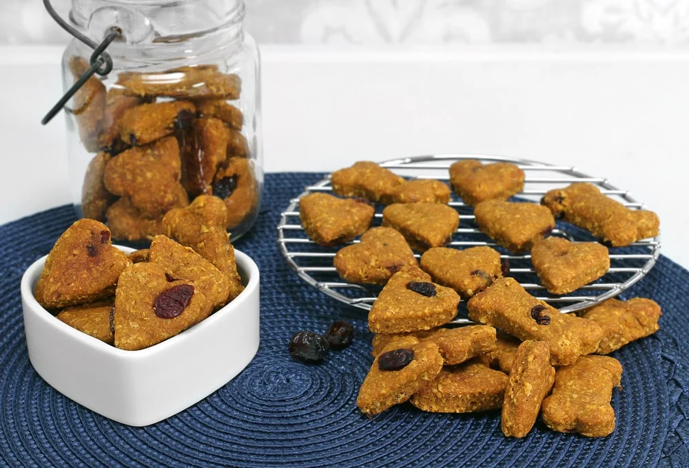 Heart-shaped cranberry dog cookies