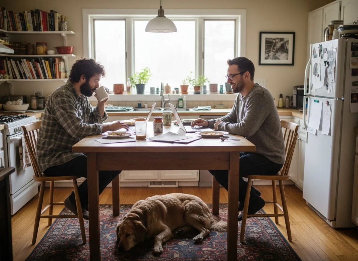 Two men sitting at a table with a dog underneath it