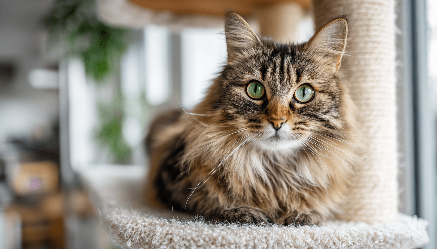 Long-haired maine coon cat with green eyes resting on a cat tree