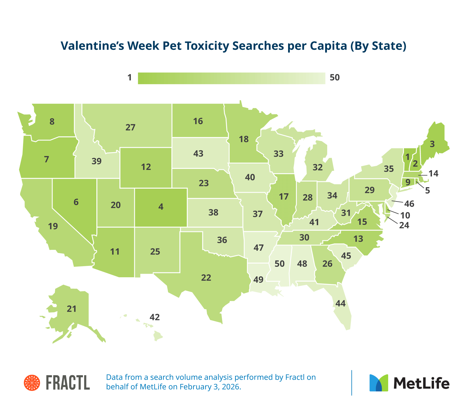 U.S. map showing Valentine’s Week pet toxicity searches per capita by state.