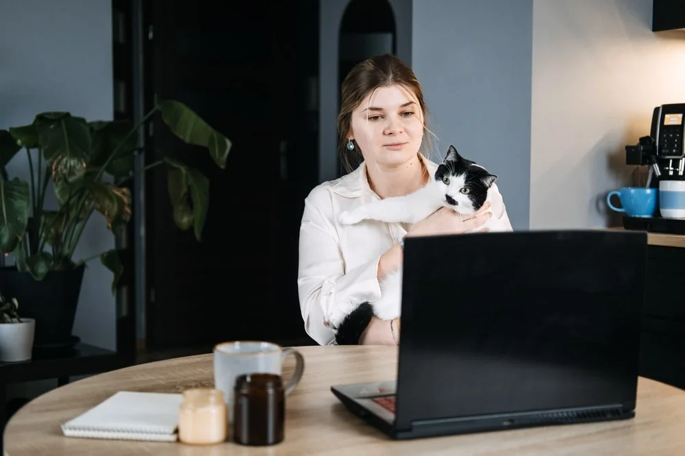 Woman holding her cat looking at her laptop