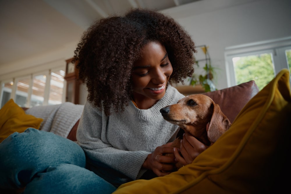 Woman sitting on a couch with her dog