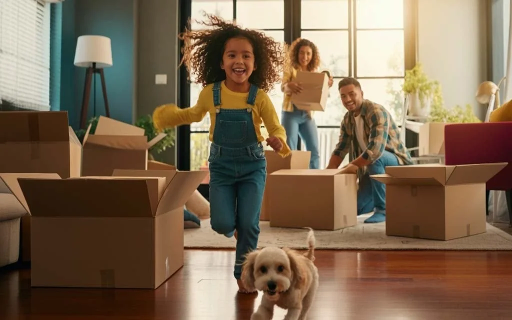 Little girl running through the house with her dog