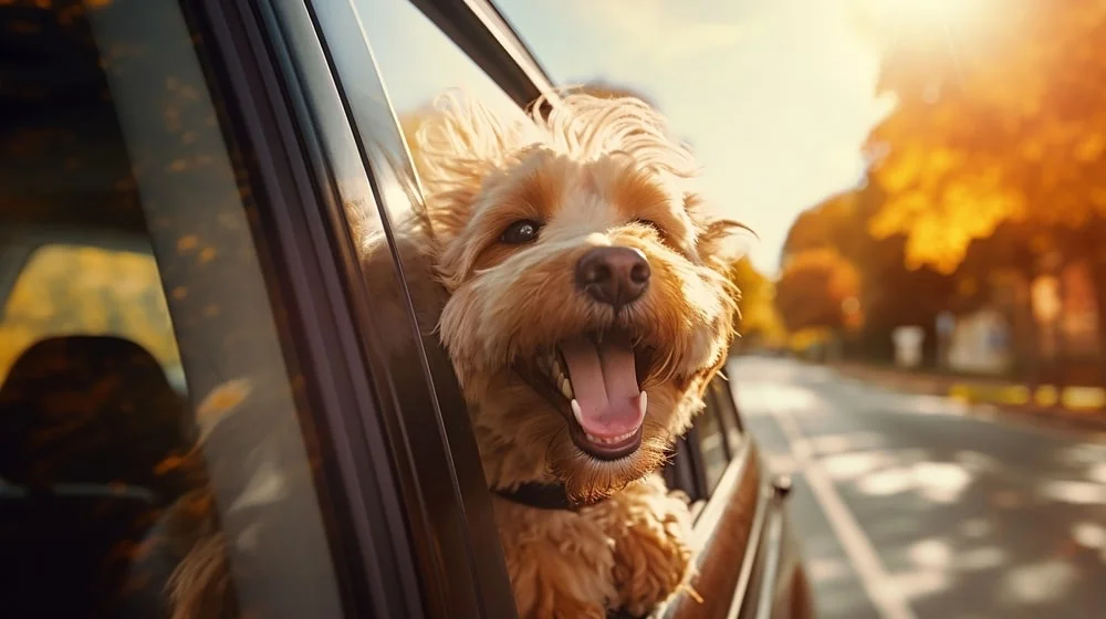 Dog in a car with their head out the window