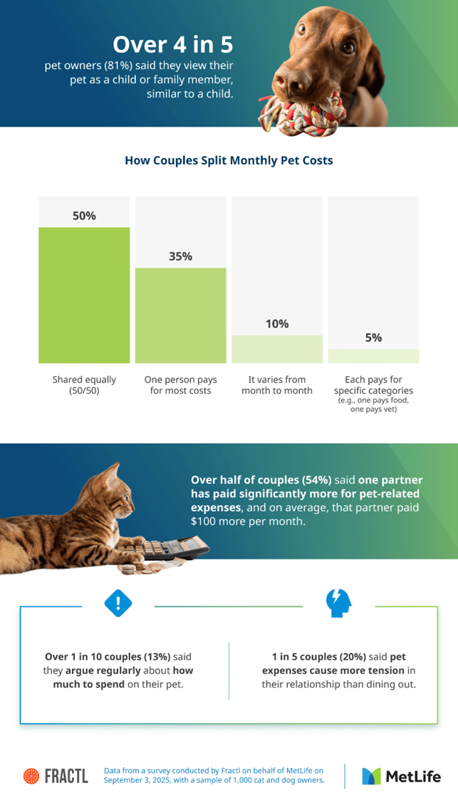 Infographic showing how couples split pet costs, with many sharing equally but some paying more, leading to arguments and tension.