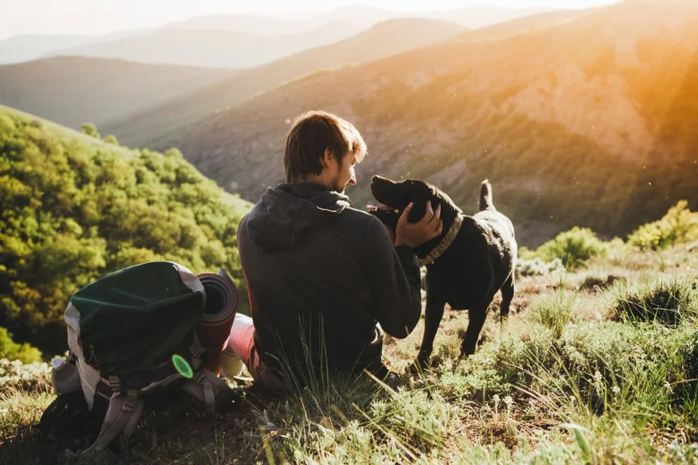 A man with his dog exploring wyoming