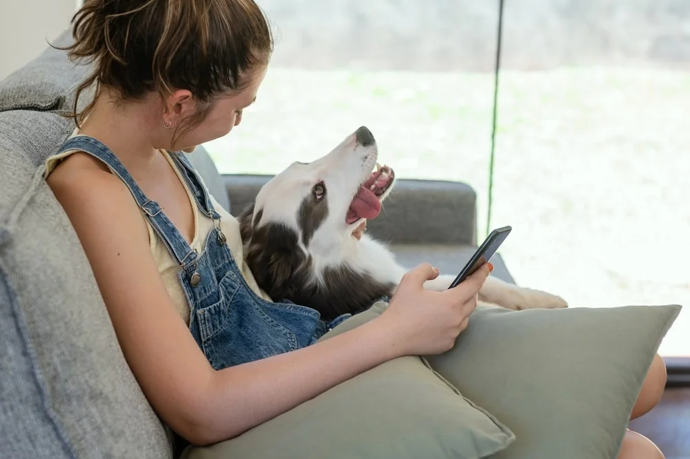 Pet owner on the phone next to her dog