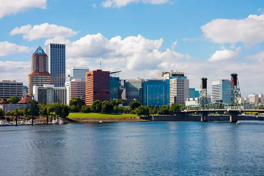 Looking across a body of water toward Portland, Oregon.