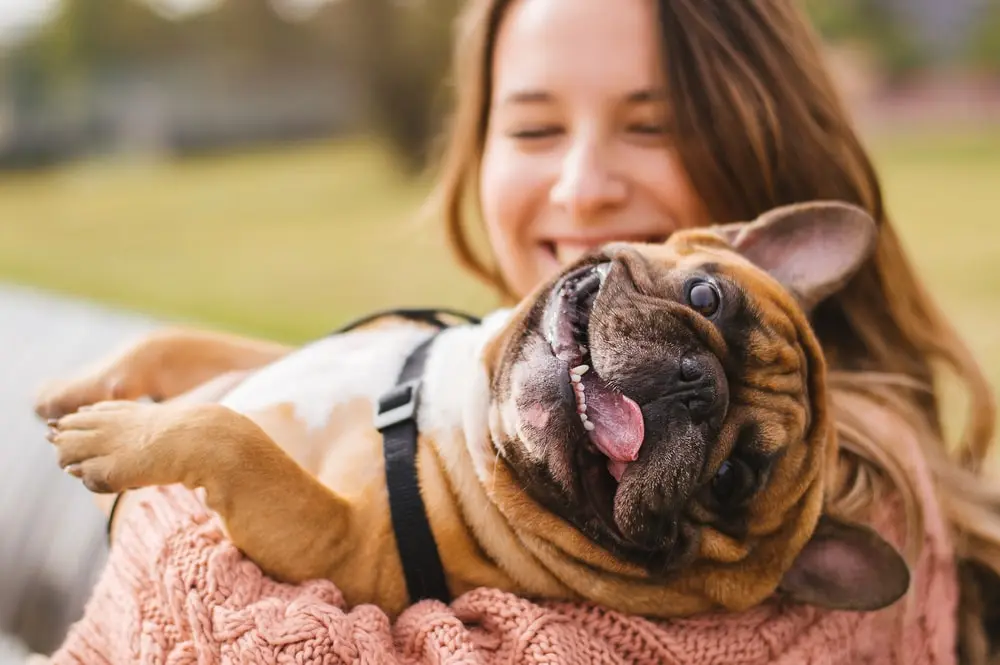 Happy woman holding a happy bulldog outside.